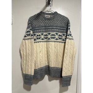 Vintage 70s Campus Sz: L Fair Isle Nordic snowflake pattern cable knit sweater